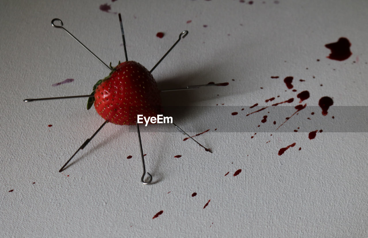 Close-up of needles in strawberry by splattered blood on white paper