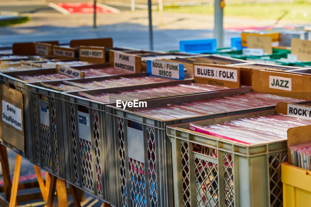 Hannover, germany, august 24., 2019, old vinyl records are sold in plastic boxes on the flea market,