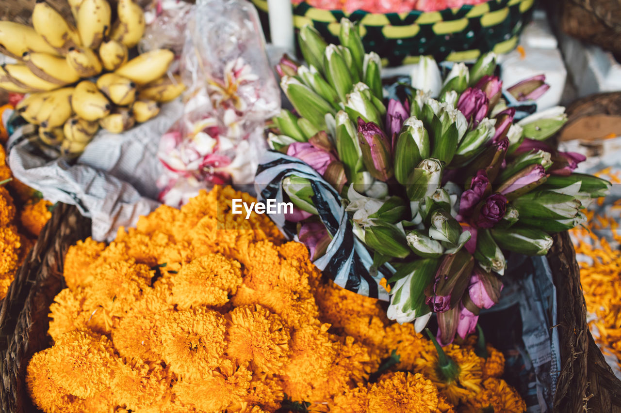 High angle view of various flower for sale in market