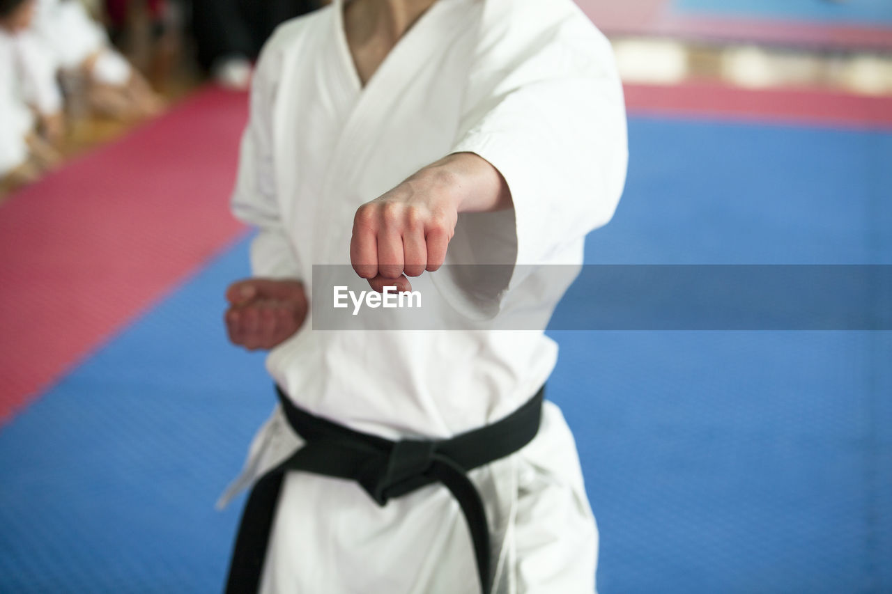 Midsection of man practicing karate on carpet