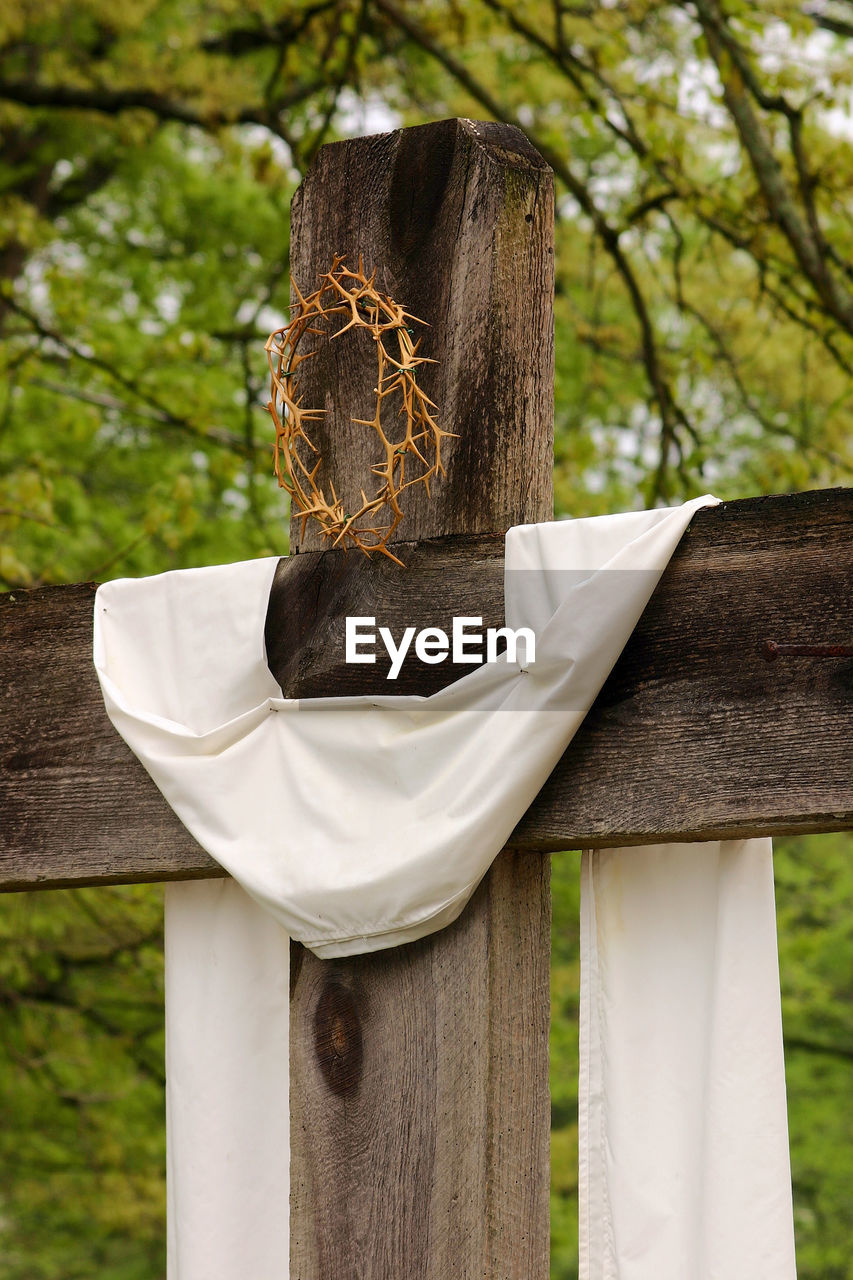 Close-up of cross against trees