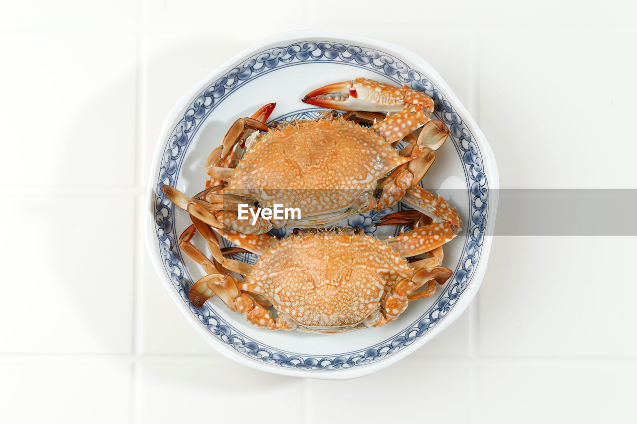 Hot steamed blue swimming on ceramic plate. flower crab or blue crab or blue manna sand crab