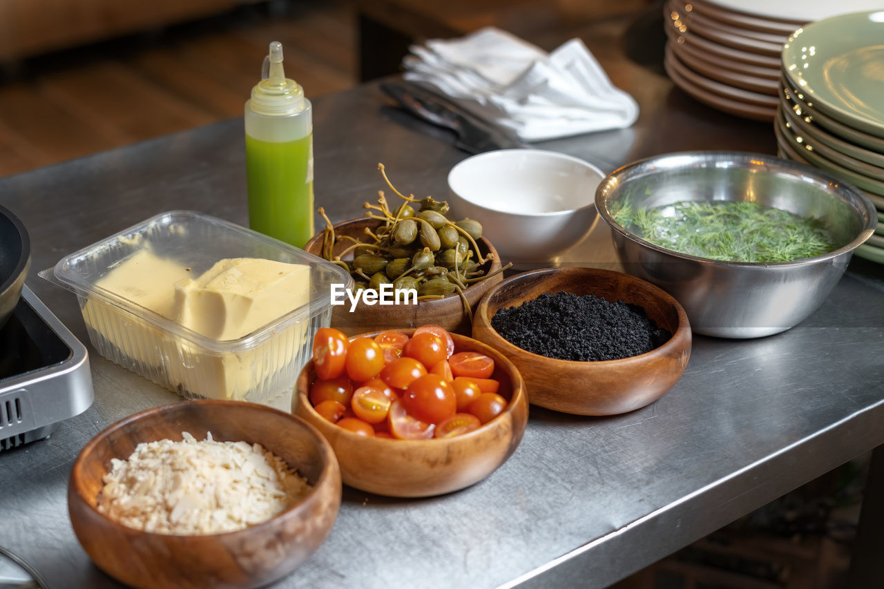 high angle view of food in bowls on table