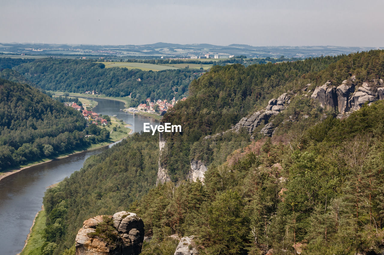 HIGH ANGLE VIEW OF TREES AND PLANTS ON LANDSCAPE AGAINST SKY