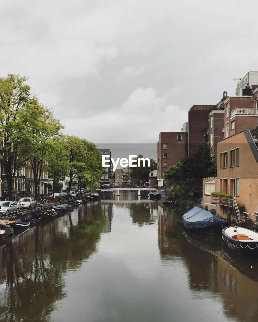 CANAL SURROUNDED BY TREES AND CITY AGAINST CLOUDY SKY