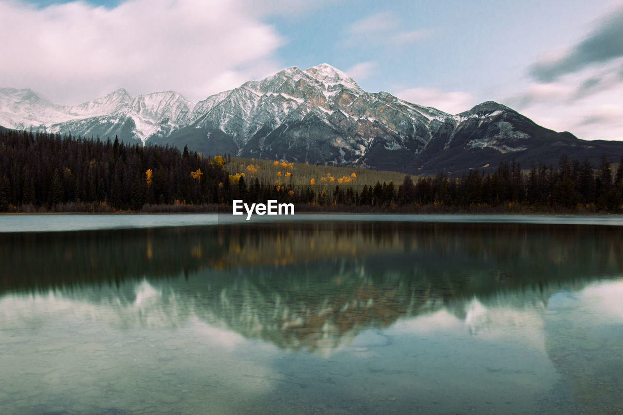 Scenic view of lake and snowcapped mountains against sky