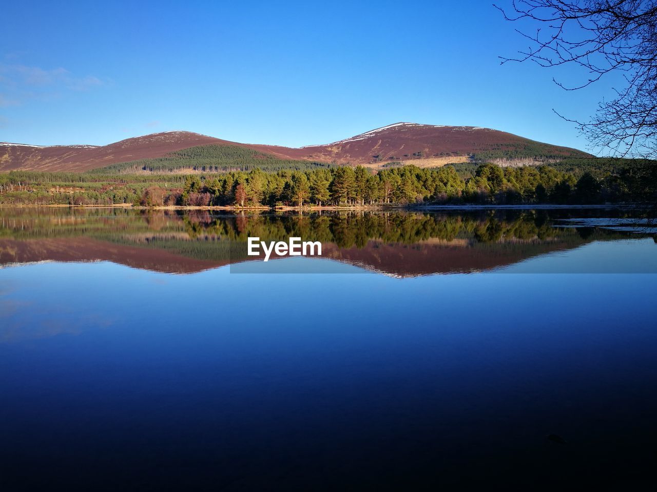 Scenic view of lake against clear blue sky