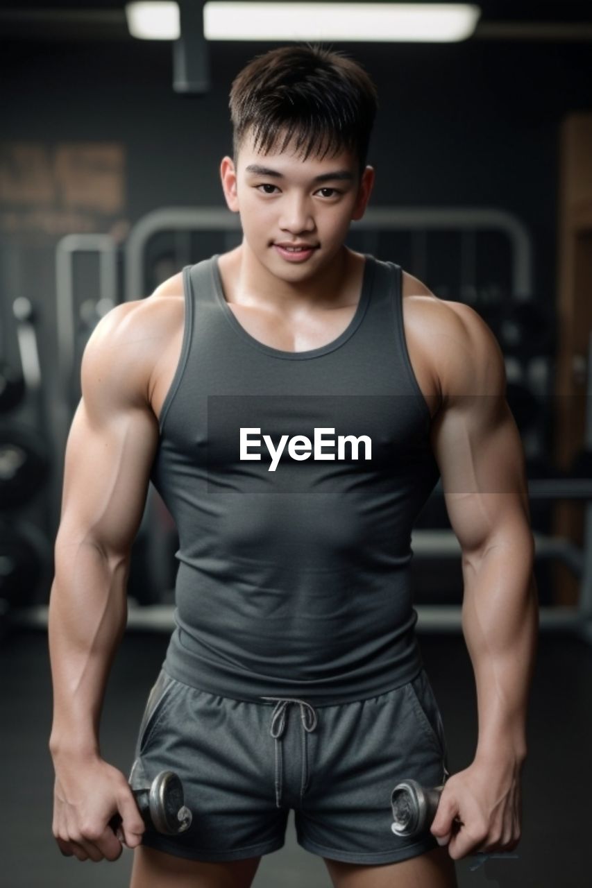 sports, exercising, muscular build, strength, athlete, lifestyles, sports training, gym, one person, young adult, adult, sports clothing, vitality, health club, wellbeing, bodybuilding, indoors, human muscle, men, portrait, weight training, weight, clothing, determination, relaxation, front view, fitness professional, arm, sport venue, activity, limb, standing, exercise equipment, leisure activity, equipment, sports equipment, looking at camera, player, flexing muscles, cross training, body care, body conscious, motion, physical fitness