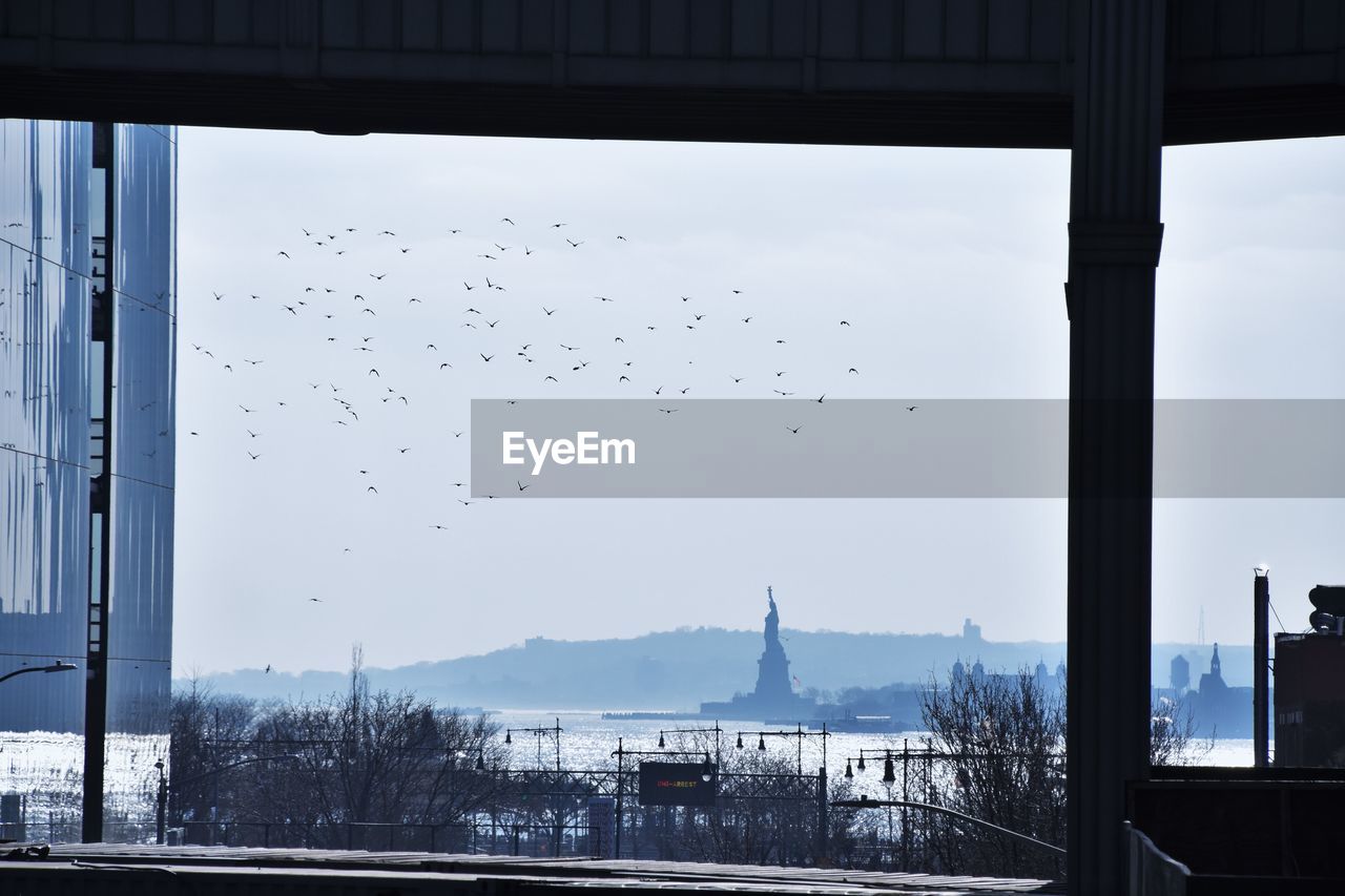 Birds flying in sky by statue of liberty