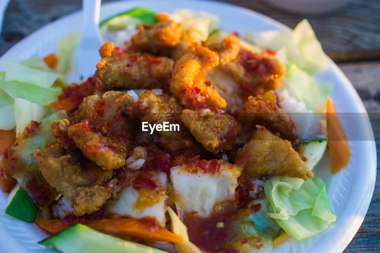 CLOSE-UP OF FOOD SERVED IN PLATE ON TABLE