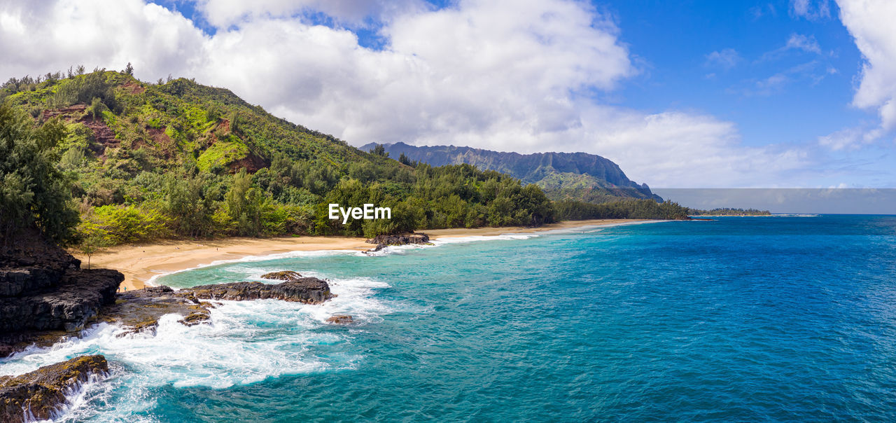 Aerial panoramic image off the coast over lumaha'i beach on hawaiian island of kauai 