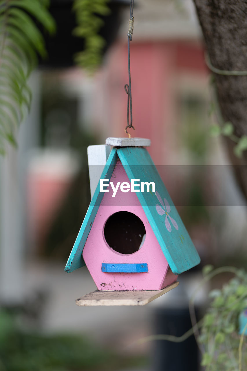green, birdhouse, hanging, focus on foreground, bird feeder, no people, lighting, plant, tree, close-up, day, nature, outdoors, selective focus