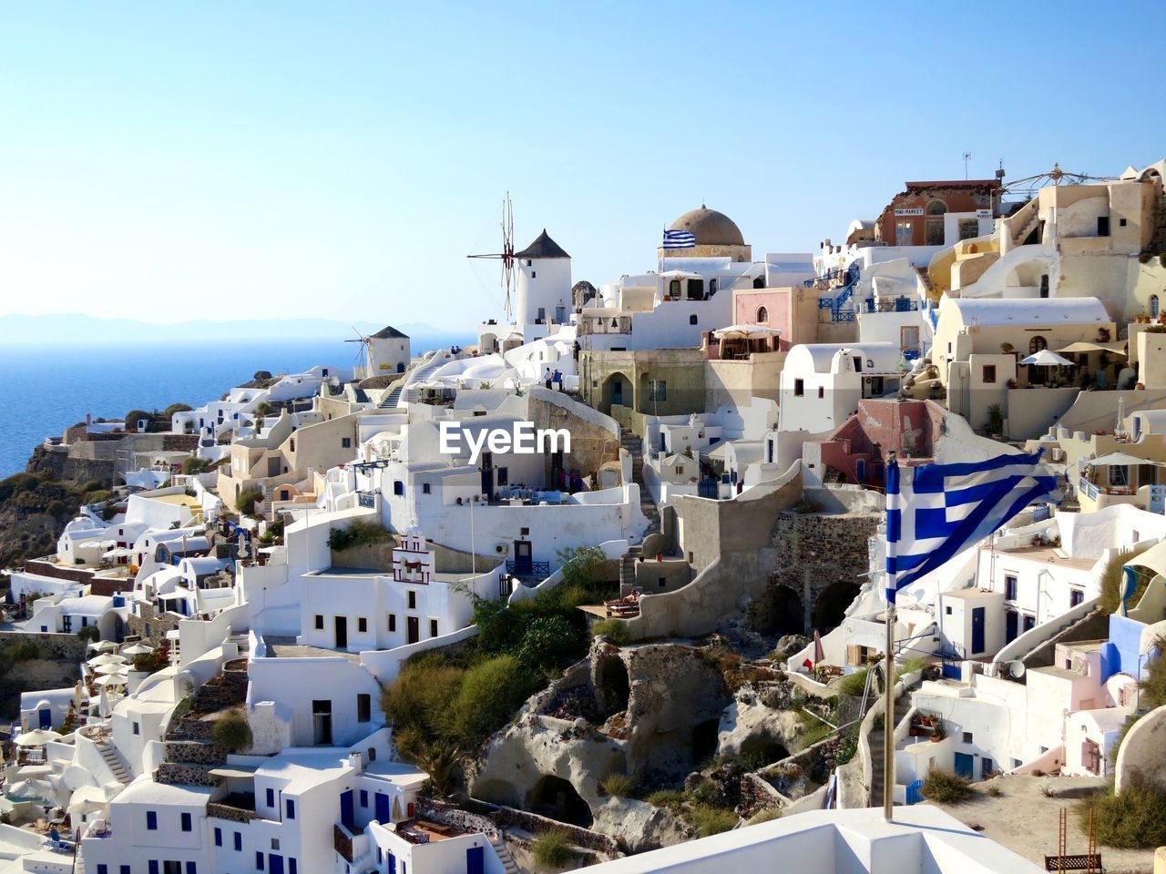 View of townscape against blue sky