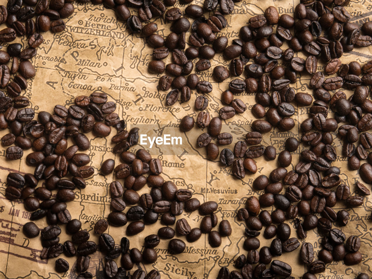 High angle view of coffee beans on table