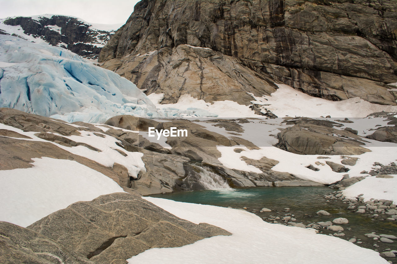 Glacier landscape with ice and rocks in norway, illustrating retreating ice due to climate change.