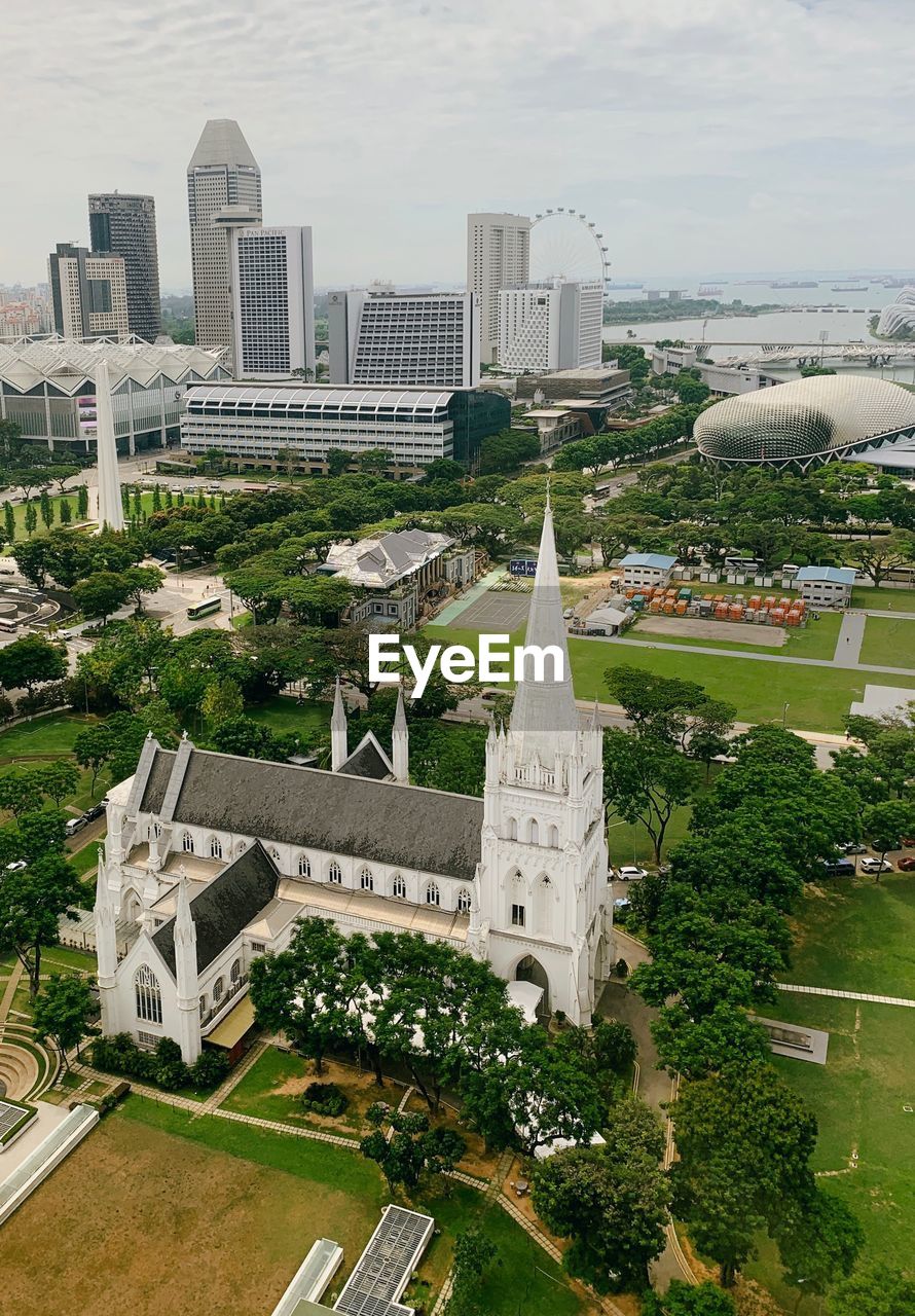 High angle view of buildings in city