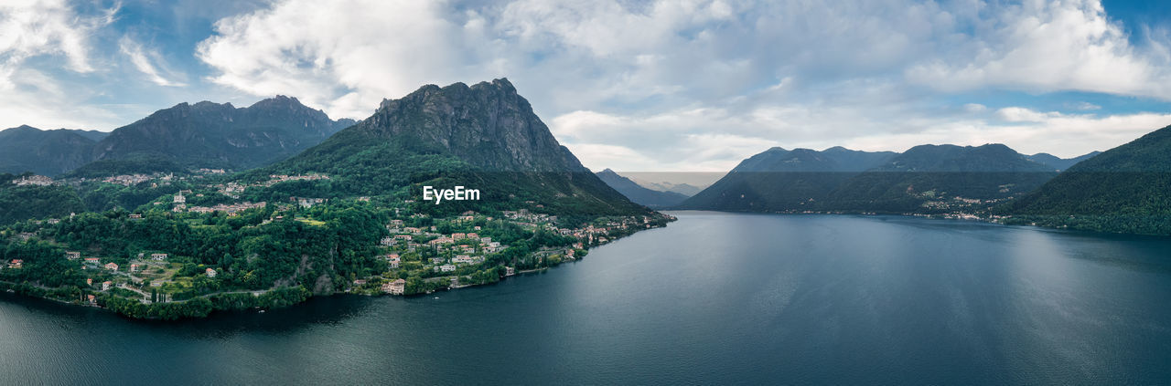 Panoramic view of lake and mountains against sky