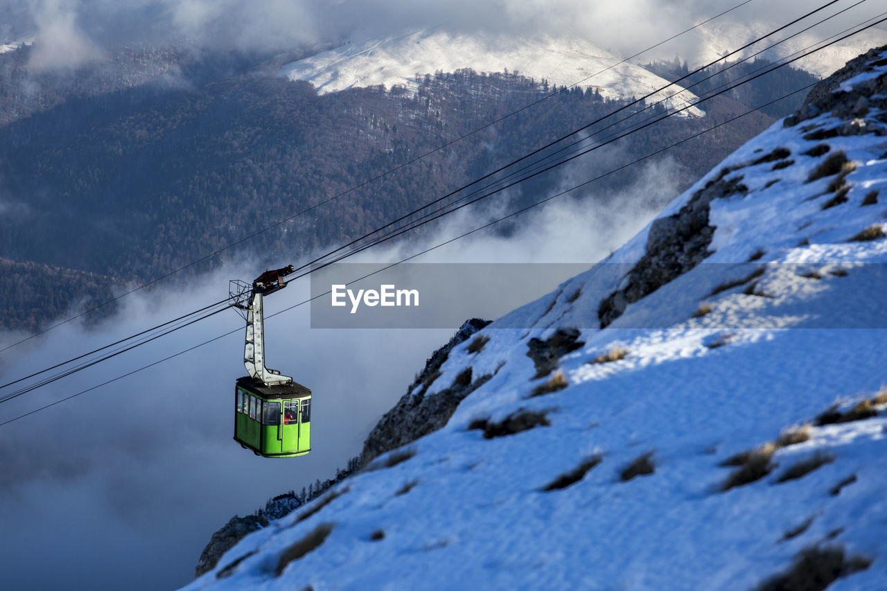 Cables against snowcapped mountains