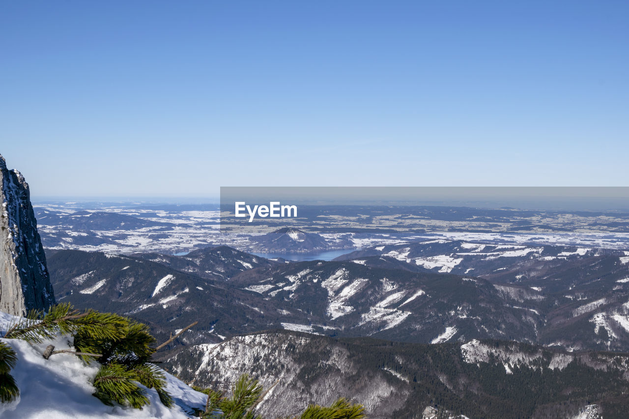 Scenic view of snowcapped mountains against clear blue sky