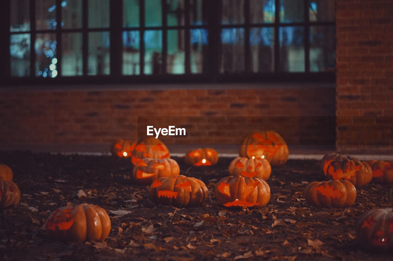 Close-up of pumpkins on window during autumn