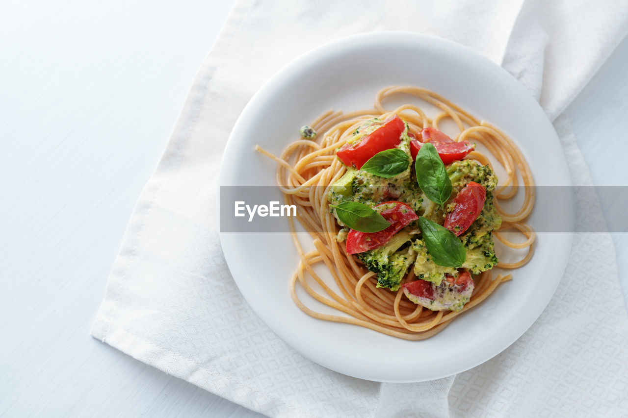 high angle view of food served in plate on table