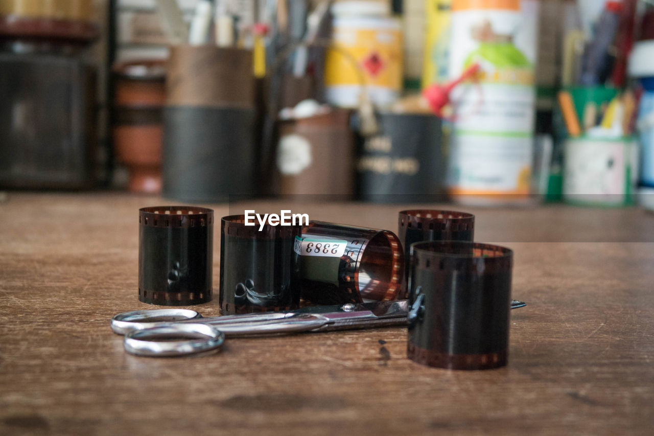 Close-up of film reels on the table