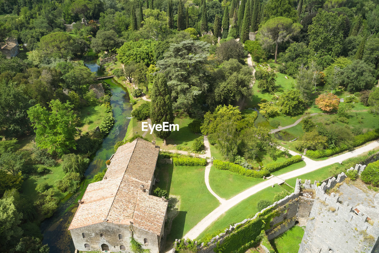 Aerial close-up view of the gardens of ninfa in the country of cisterna di latina