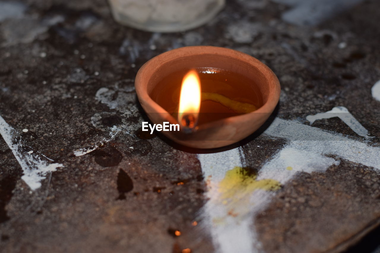 Close-up of lit tea light candle