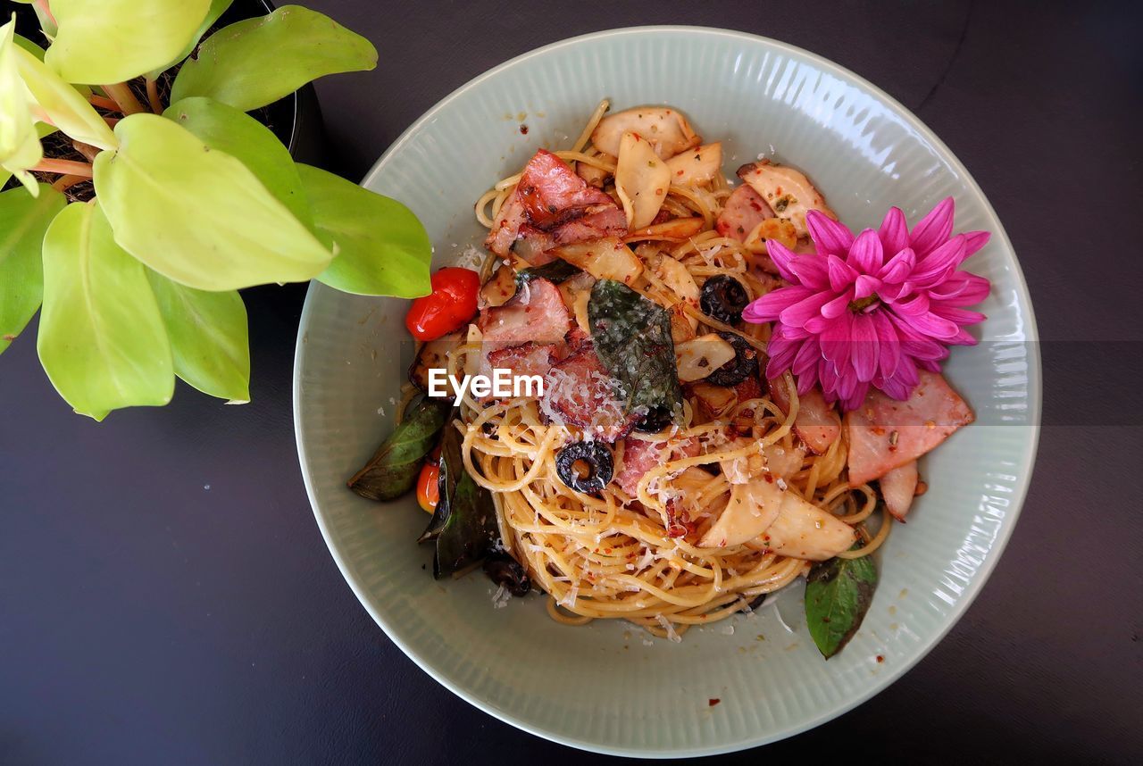 High angle view of meal served on table