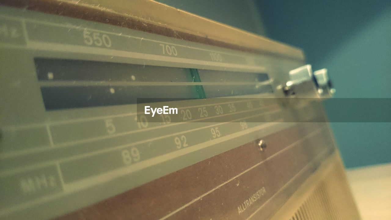 Close-up of old-fashioned radio indoors