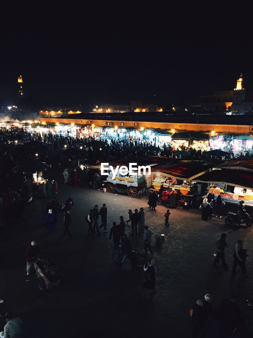 Elevated view of street market at night