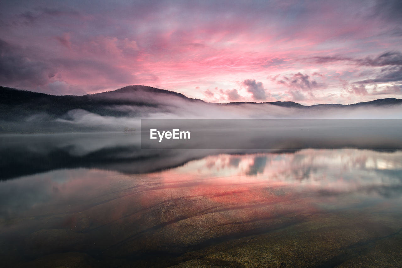 Scenic view of lake against sky during sunset