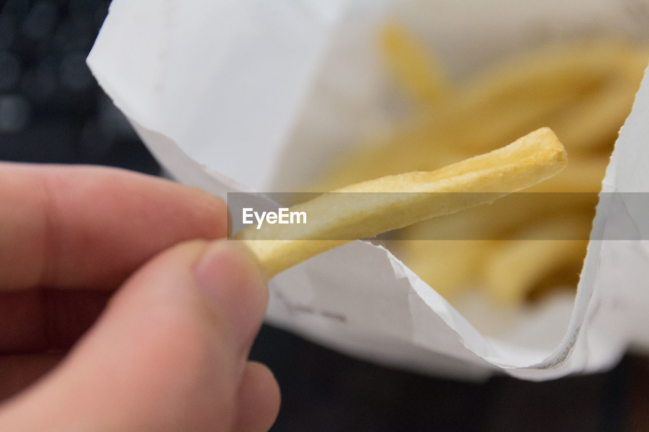 Cropped image of hand holding french fry
