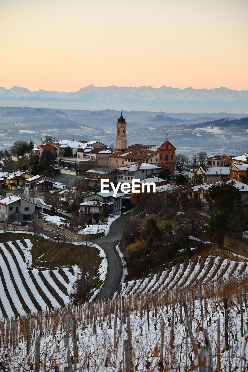 High angle view of city during winter