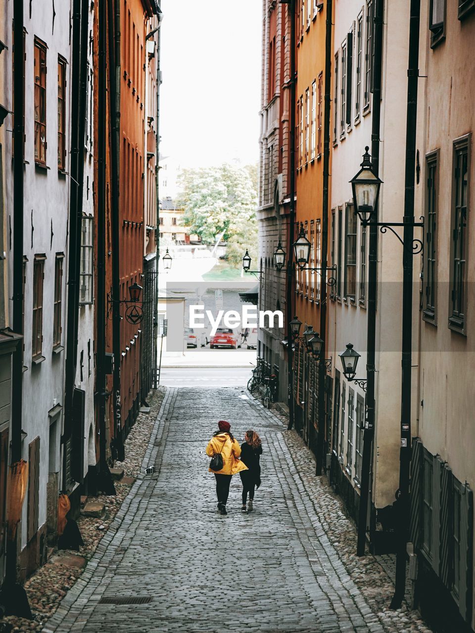 Rear view of women walking amidst buildings