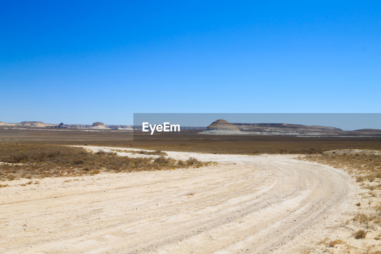 scenic view of beach against clear blue sky