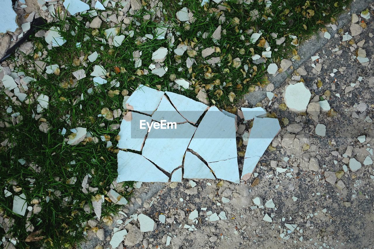 HIGH ANGLE VIEW OF BROKEN GLASS ON FIELD