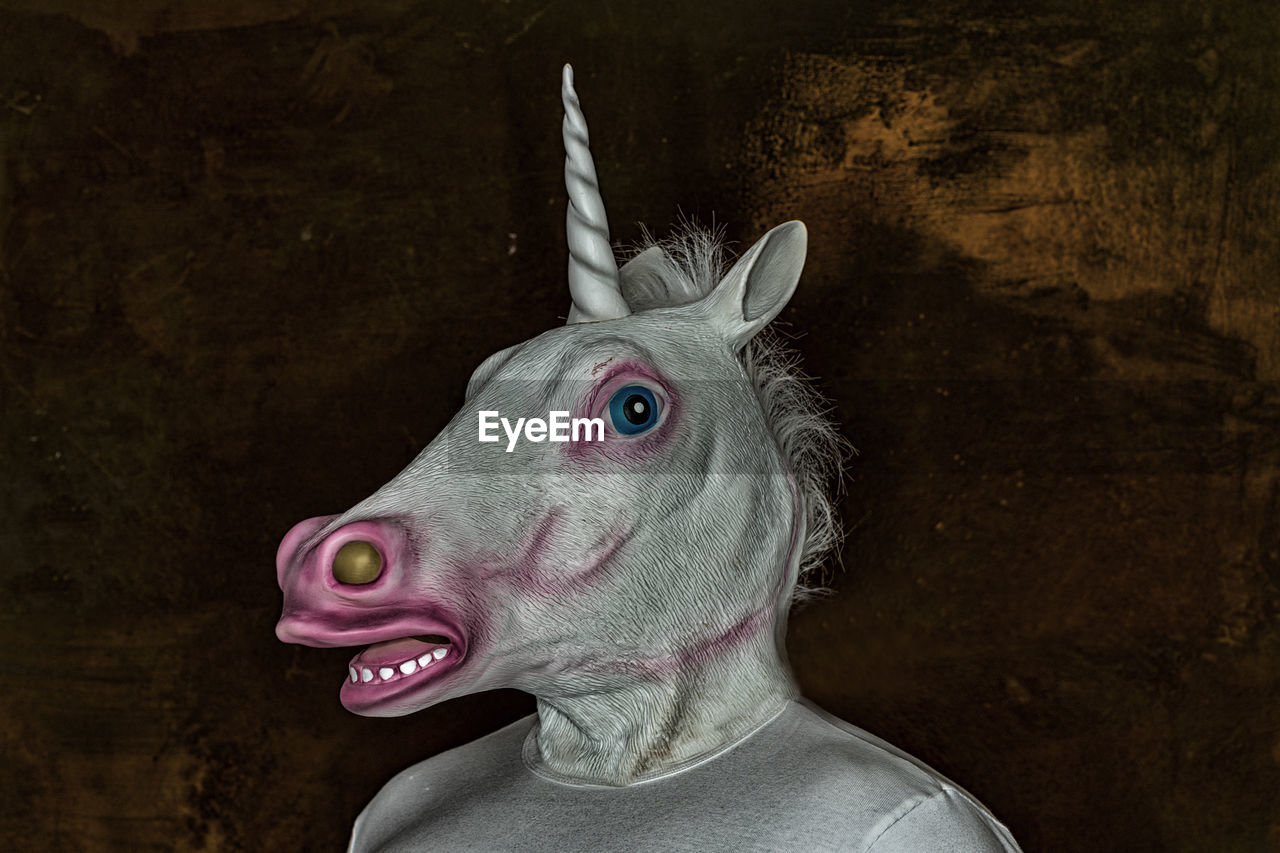 Close-up of person in unicorn costume at night