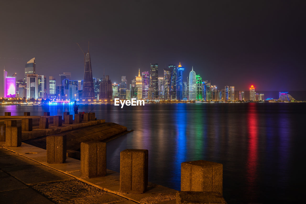 Illuminated city buildings at night