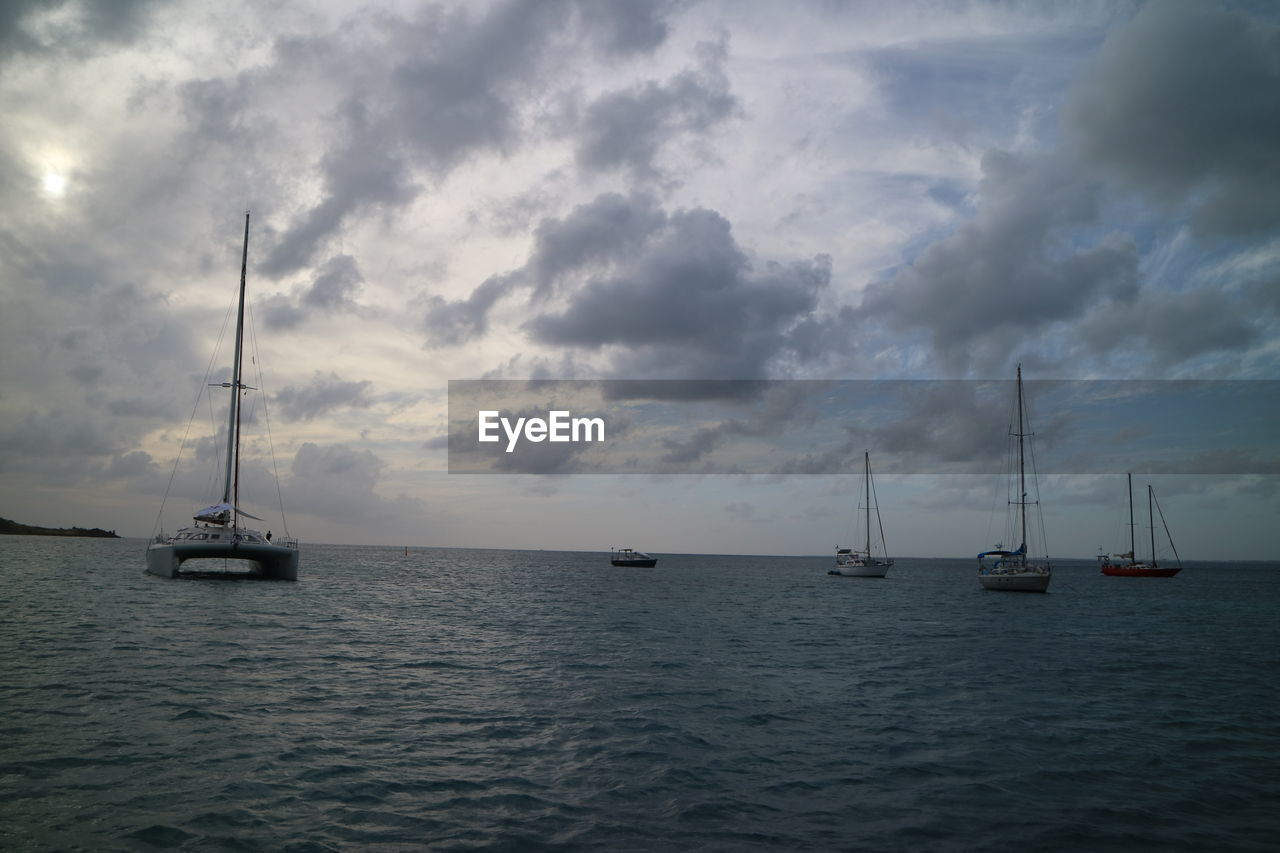 SAILBOAT SAILING IN SEA AGAINST SKY