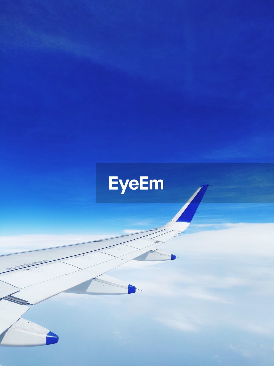 AERIAL VIEW OF AIRPLANE FLYING IN BLUE SKY