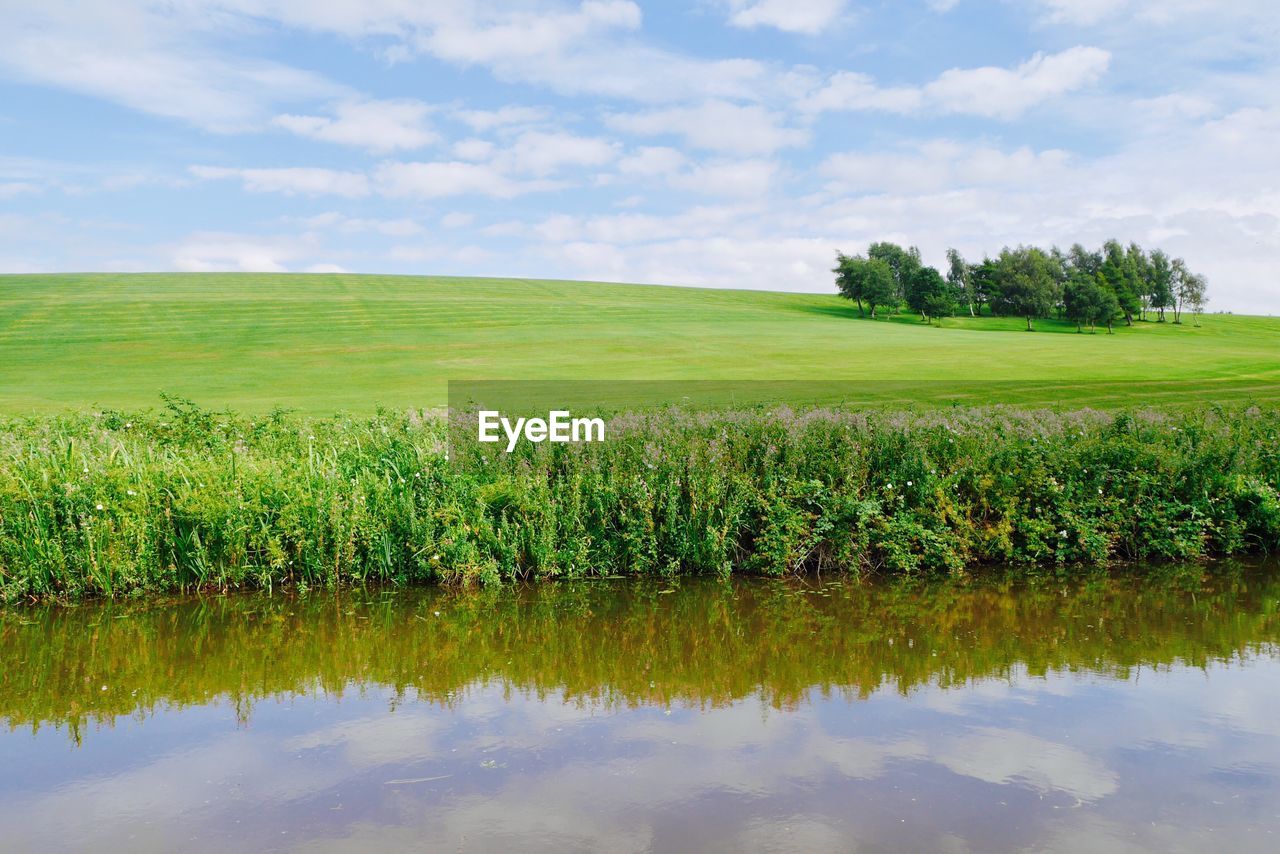 Scenic view of lake against cloudy sky