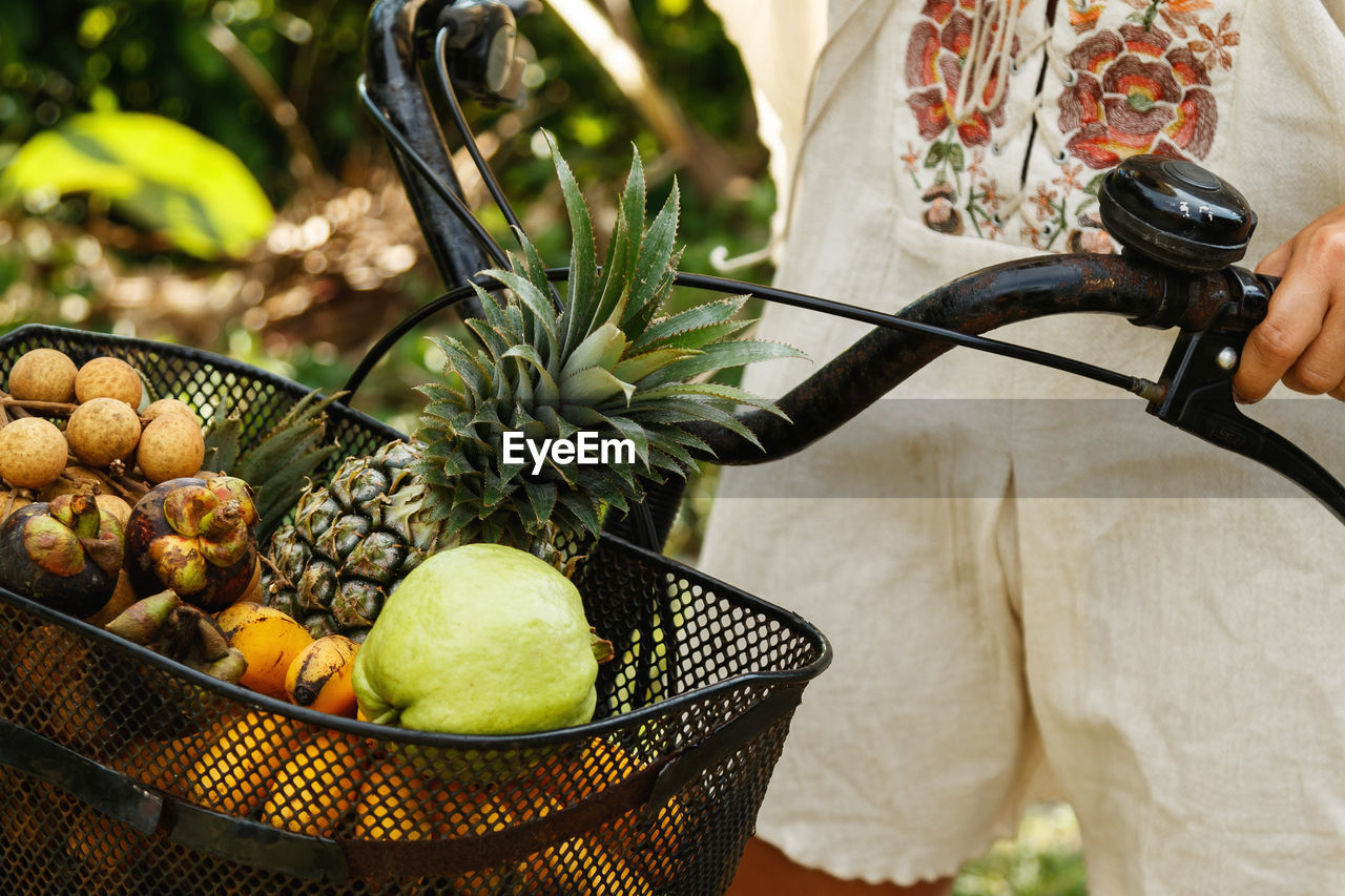 Midsection of woman picking vegetables in bicycle