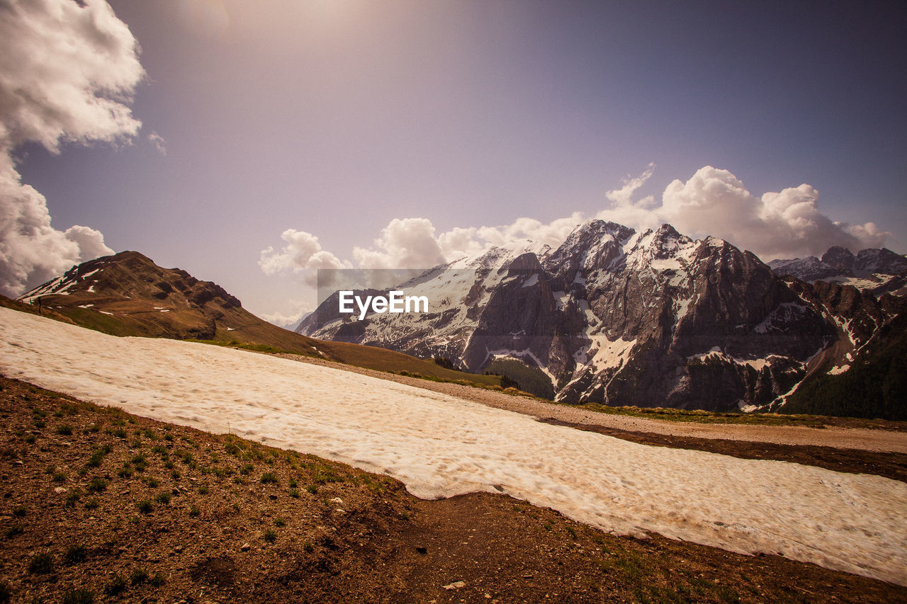 Scenic view of snowcapped mountains against sky