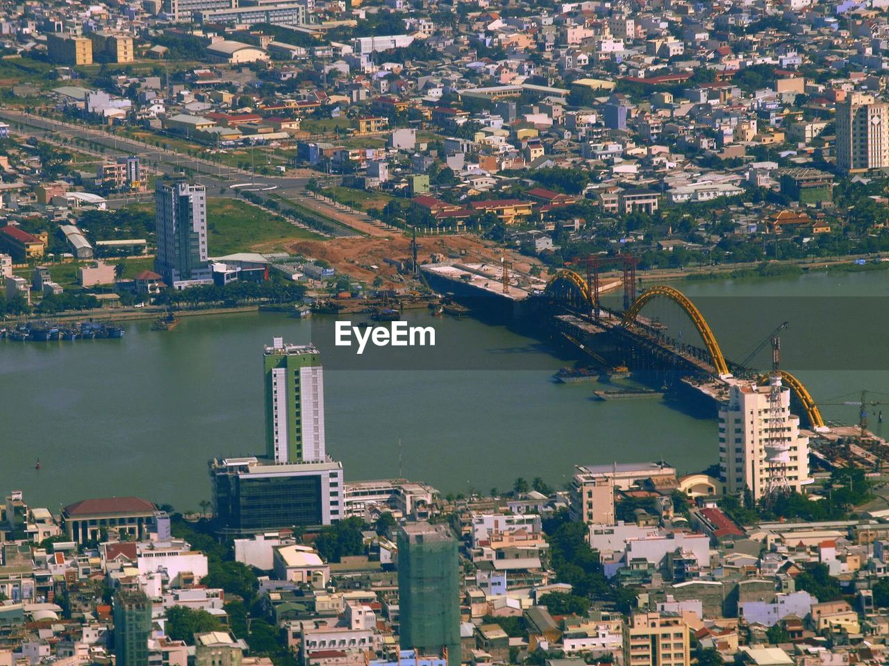 High angle view of city at waterfront