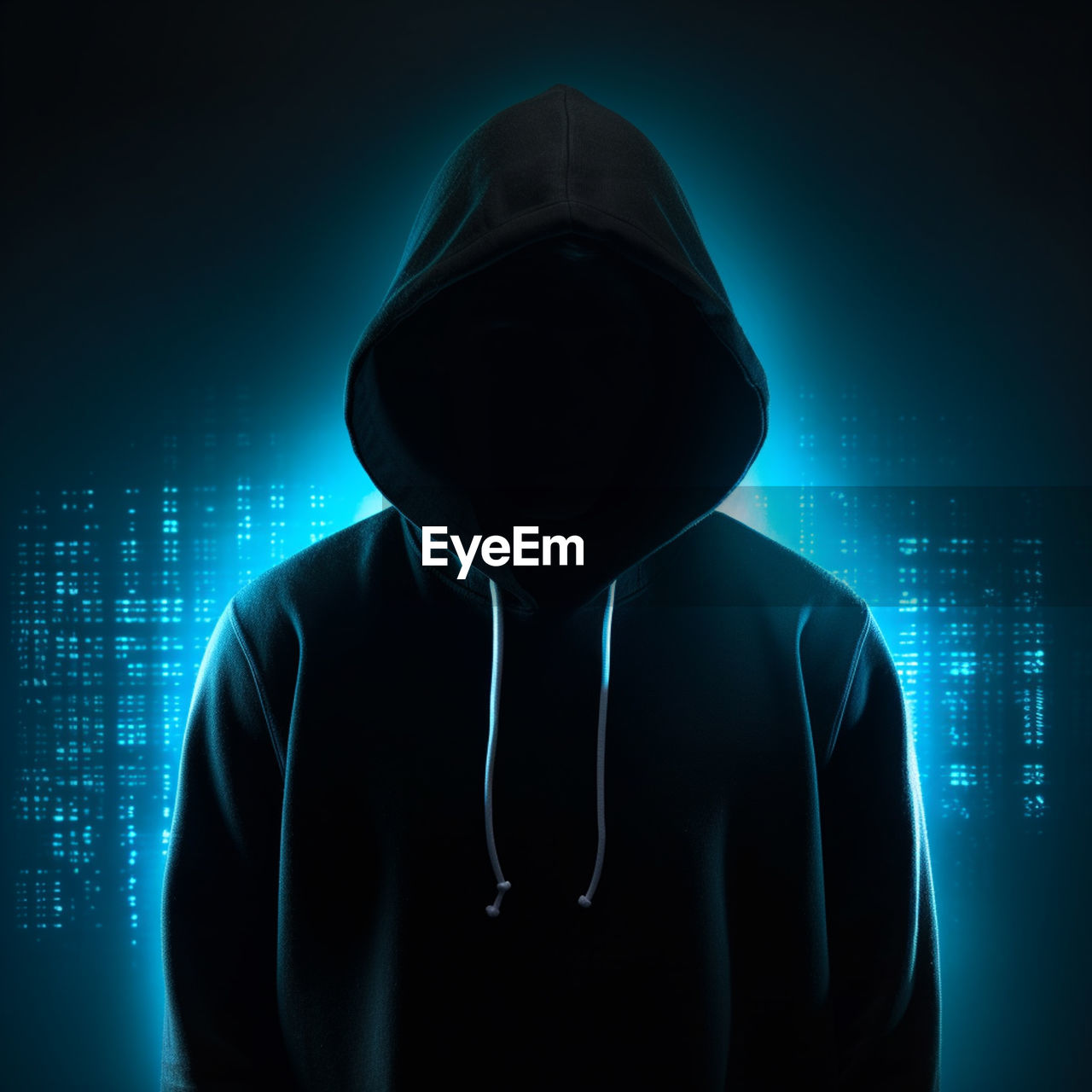 one person, technology, adult, hood, hood - clothing, internet, communication, wireless technology, computer, hooded shirt, cyberspace, computer network, using computer, dark, hoodie, screenshot, men, studio shot, silhouette, front view, font, person, waist up, darkness, blue, futuristic, young adult, indoors