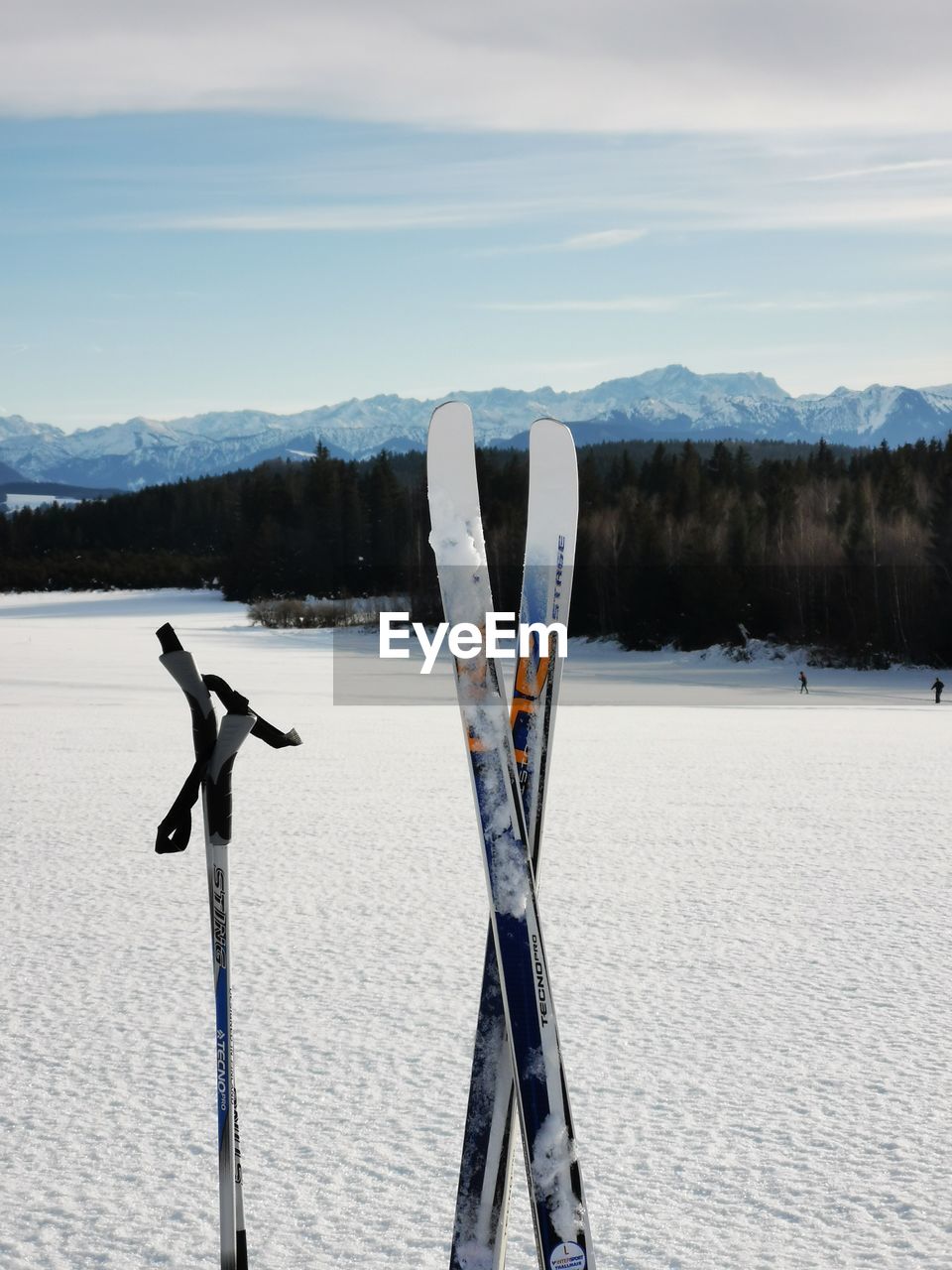 WOODEN POSTS ON SNOWCAPPED MOUNTAIN AGAINST SKY