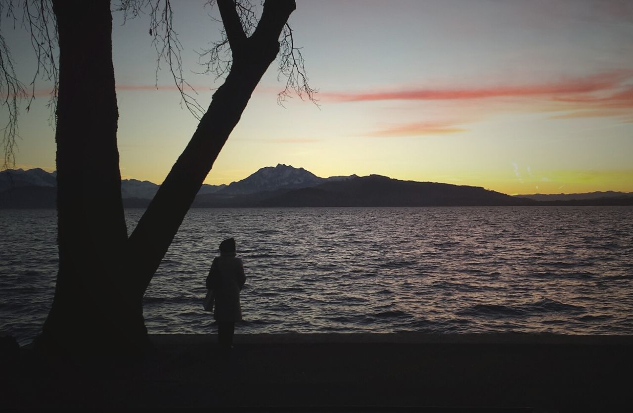 Silhouette woman standing at beach during dusk