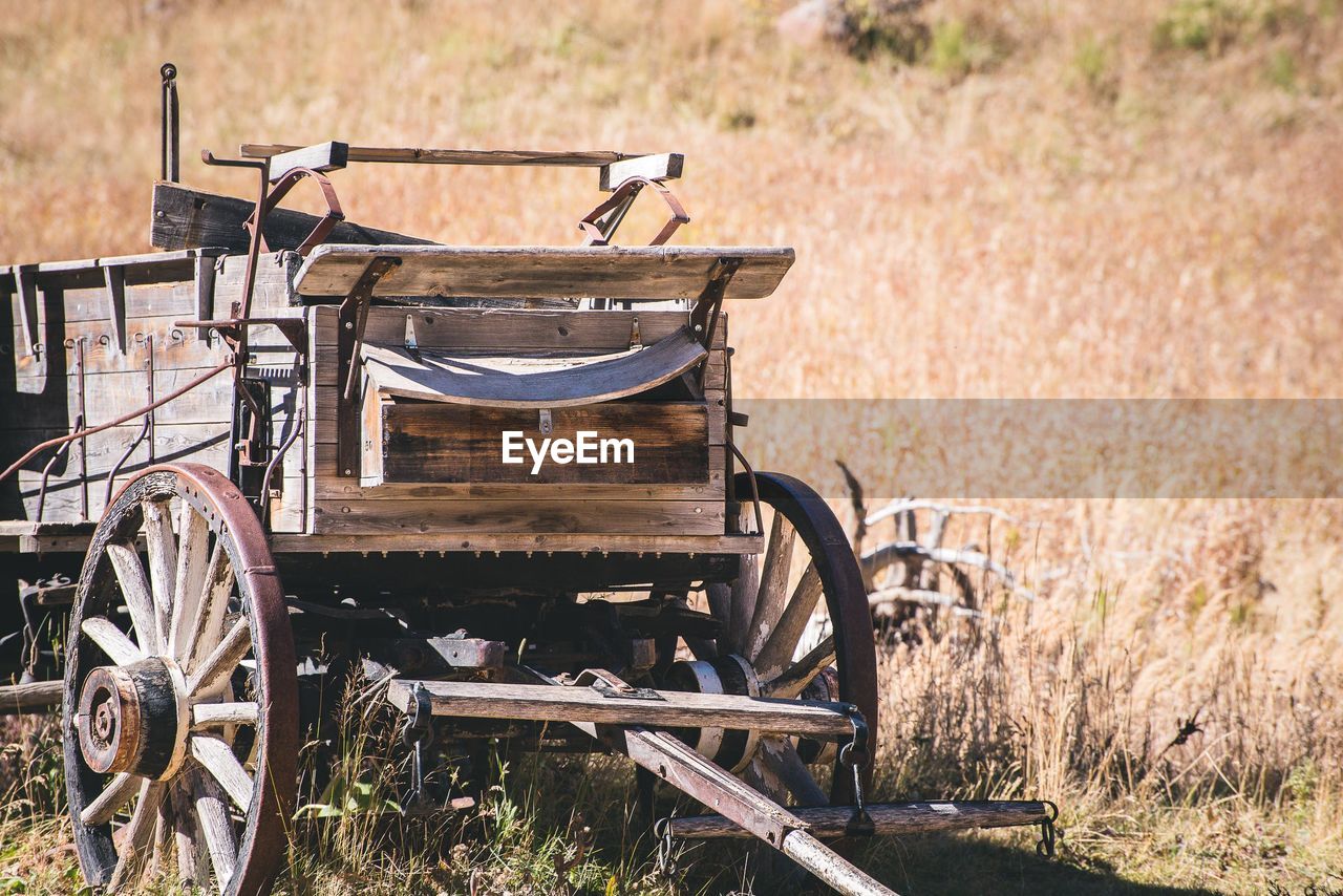 Old abandoned horse cart on grassy field