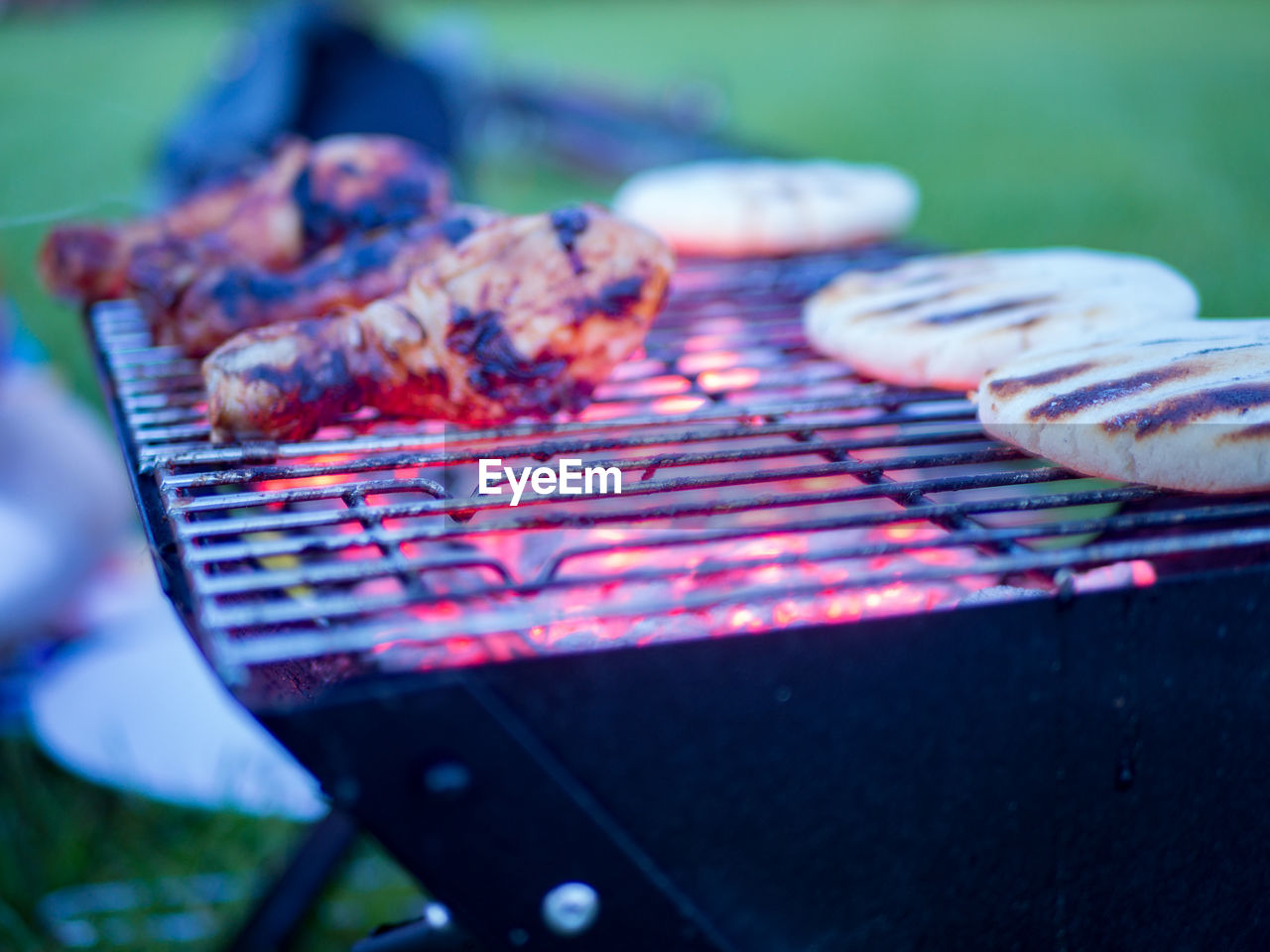 Close-up of meat on barbecue grill